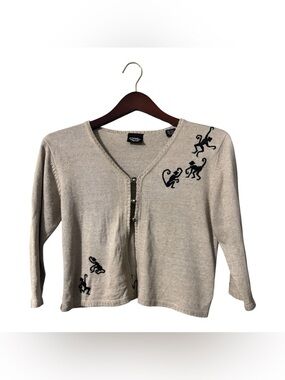 Vintage Christina Rotelli Safari Monkey Linen Blend Cardigan Sweater Small